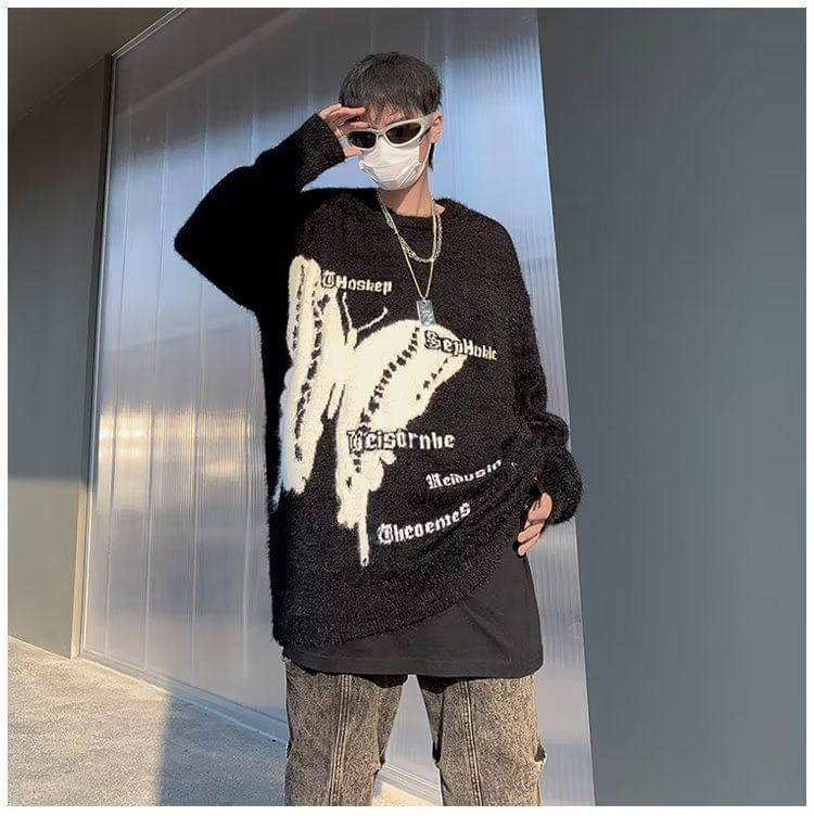 Long-Sleeve Butterfly  Print Lettering Sweater Product Image