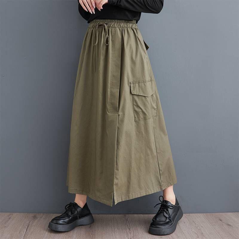 Drawstring Waist Plain Pocket Detail Maxi A-Line Skirt Product Image