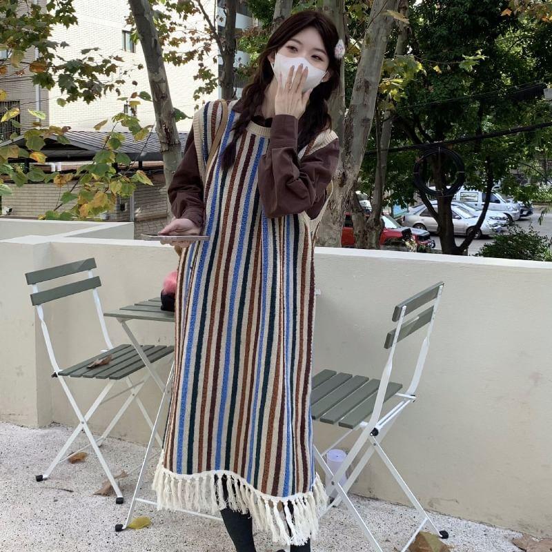 Long-Sleeve Plain Shirt / Sleeveless Striped A-Line Dress Product Image