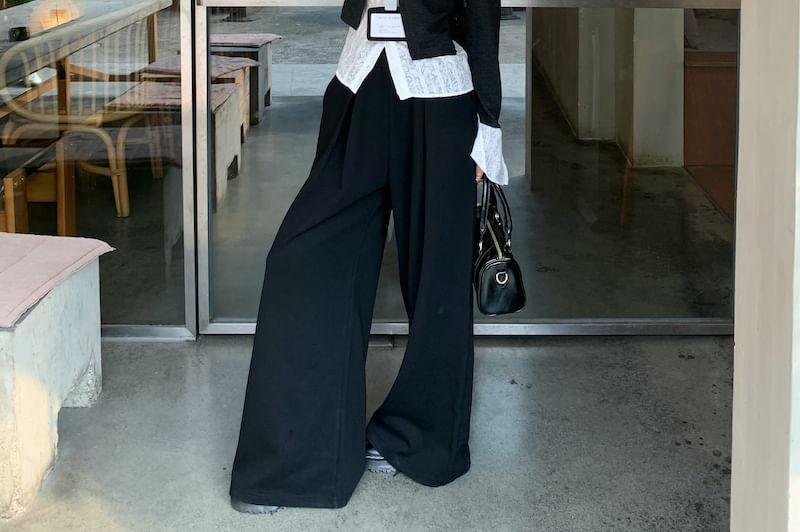 Mock Two-Piece Long-Sleeve Two Tone Slim Fit Shirt / High Waist Plain Wide Leg Pants Product Image