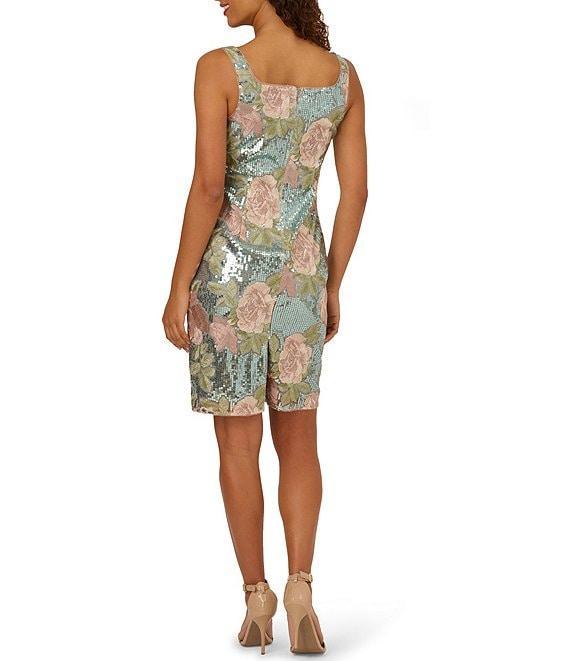 Adrianna Papell Sequin Embroidery Floral Print Square Neck Sleeveless Sheath Dress Product Image