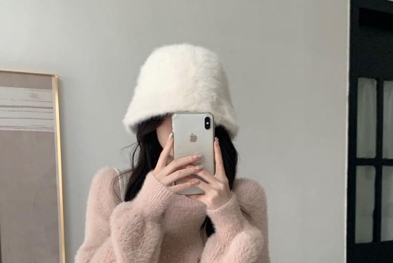 Crew Neck Plain Fluffy Midi Sweater Dress Product Image