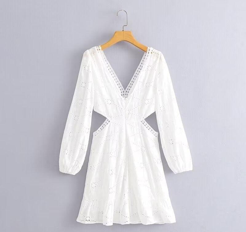 Puff-Sleeve V-Neck Cutout Mini A-Line Eyelet Lace Dress Product Image