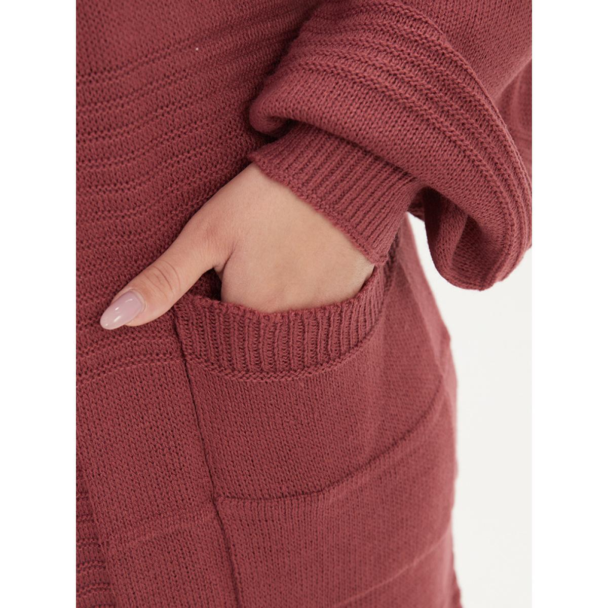 Plus Size Plain Fringe Trim Patched Pocket Cardigan Russet Women Casual Loose Long Sleeve Dailywear Cardigans BloomChic 30/6X Product Image