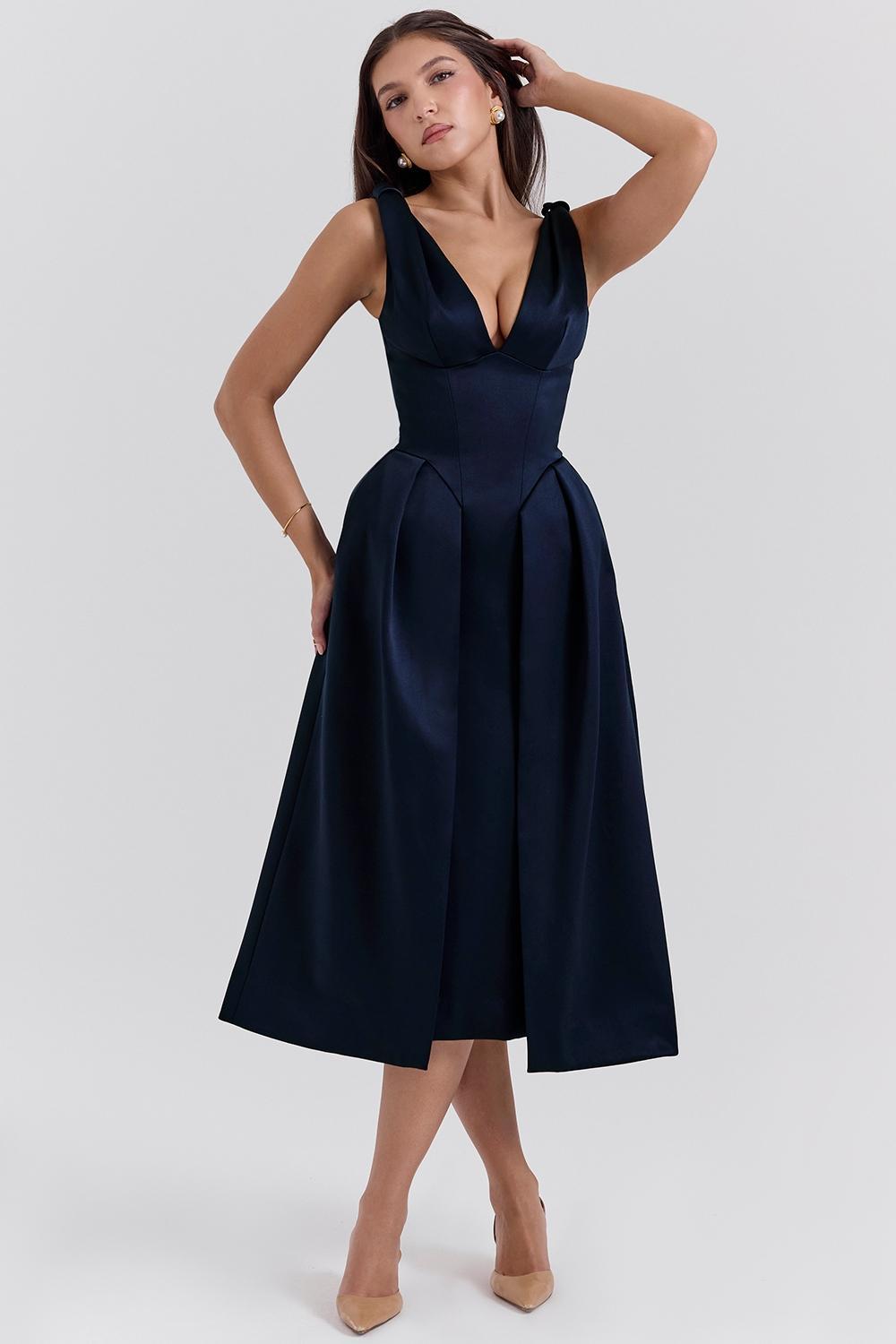 Paloma Midnight Twist Strap Satin Midi Dress Product Image