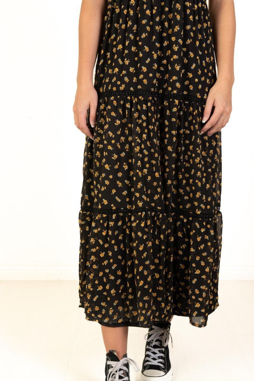 Black & Gold Floral Lace Trim Tiered Maxi Dress Product Image