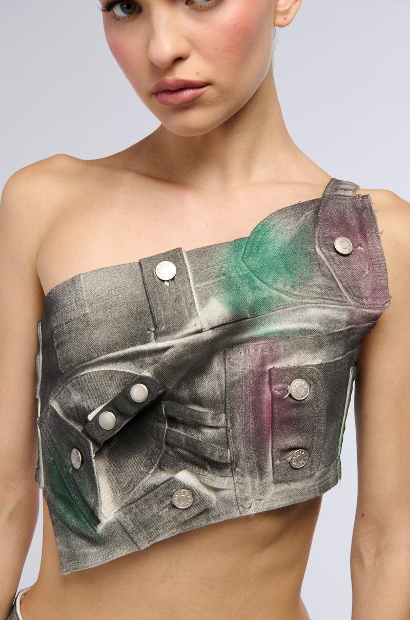 NOT YOURS BRALETTE DETAIL LAYERED PAINTED BUTTON DOWN BLOUSE Product Image