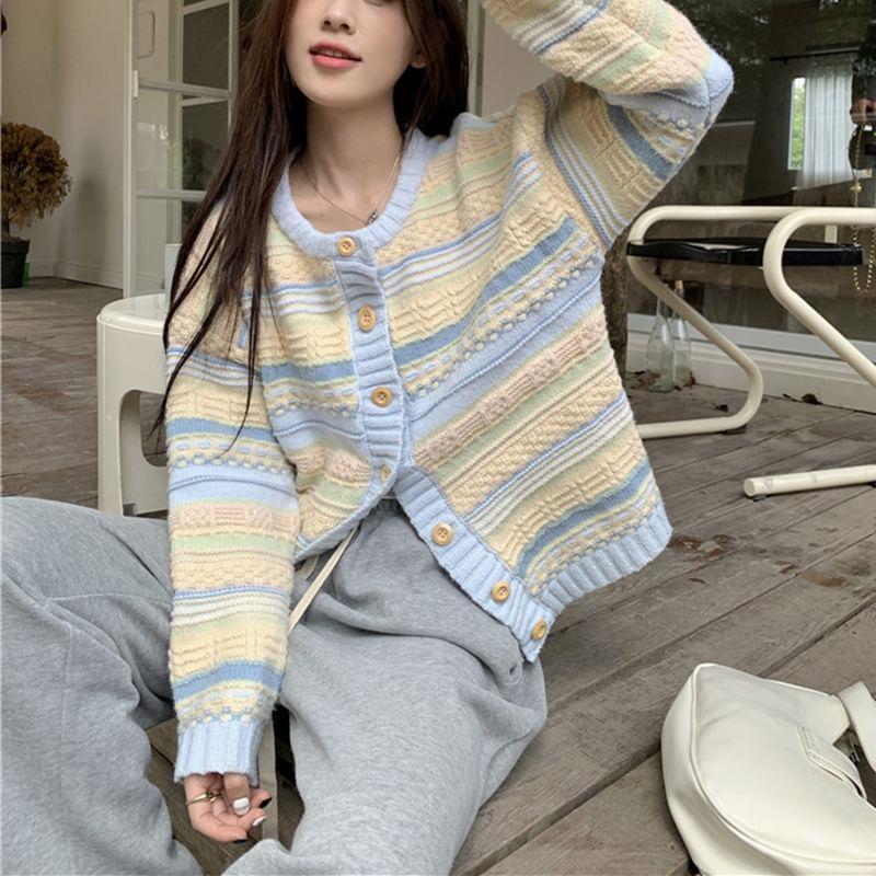 Round Neck Striped Button Up Cardigan Product Image