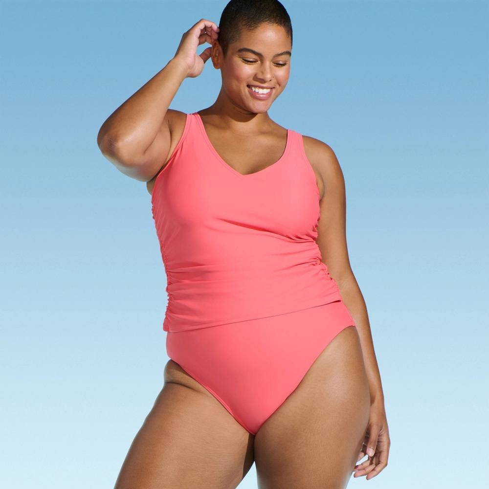 Lands End Womens Shirred Tankini Top - Coral 22W: Pluswimwear, Adjustable Straps, Removable Cups, UPF 50+ Product Image