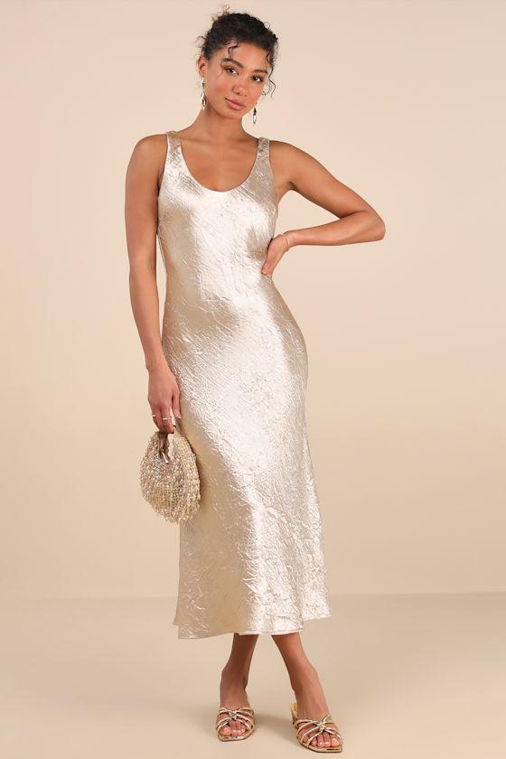 Christelle Champagne Crinkle Satin Backless Midi Slip Dress Product Image