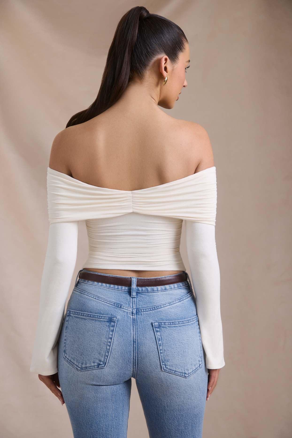 Modal-Cashmere Blend Off-Shoulder Ruched Top in Ivory Product Image