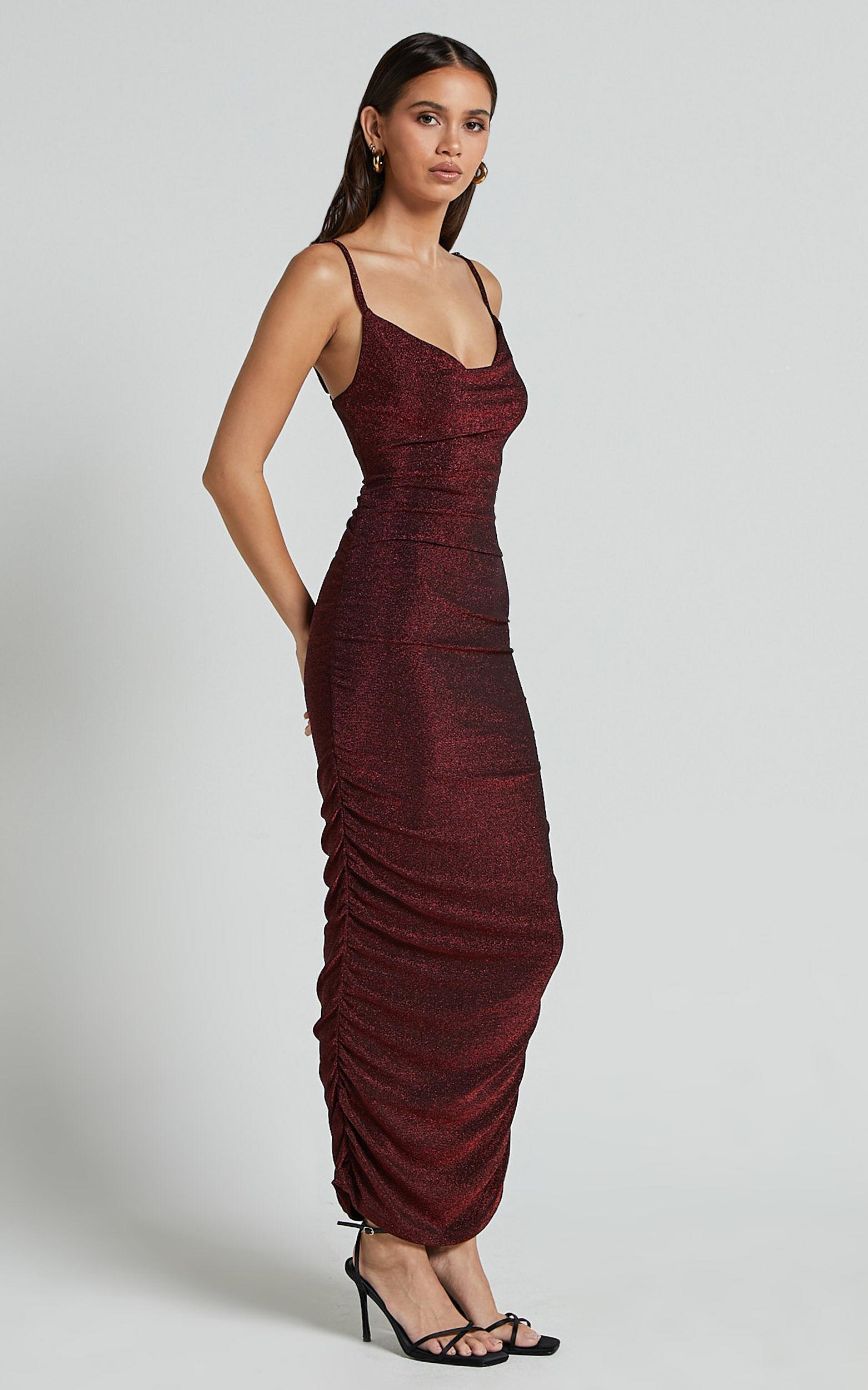Roma Midi Dress - Ruched Cowl Neck Dress in Berry Product Image