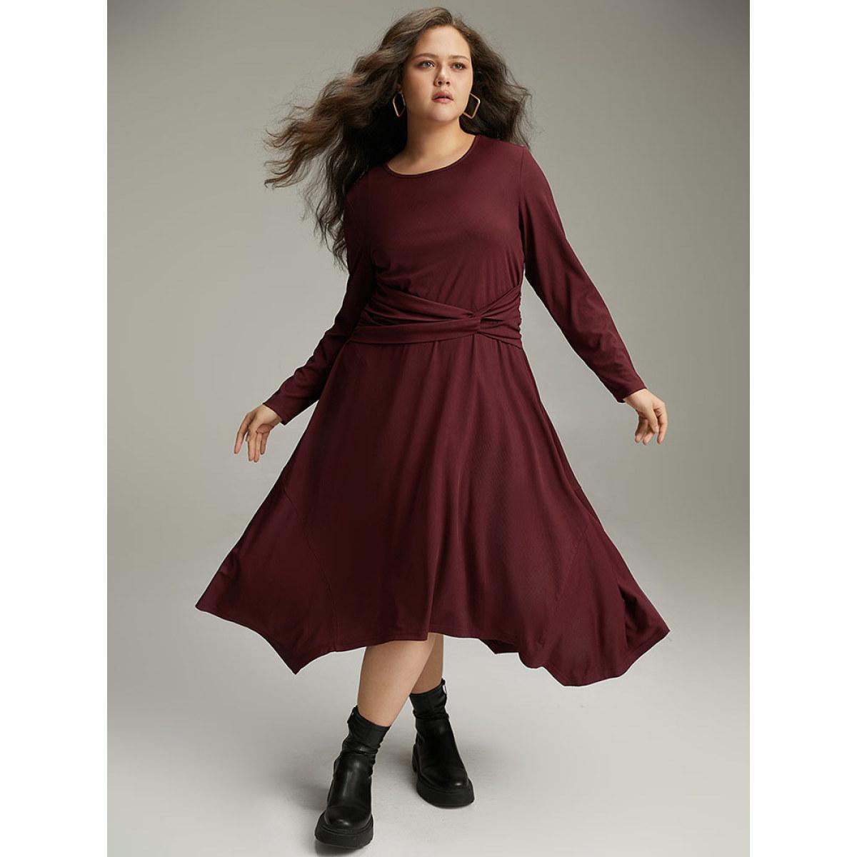 Plus Size Solid Rib Knit Crew Neck Twist Front Dress Burgundy Women Casual Plain Round Neck Long Sleeve Curvy Midi Dress BloomChic 18-20/2X Product Image