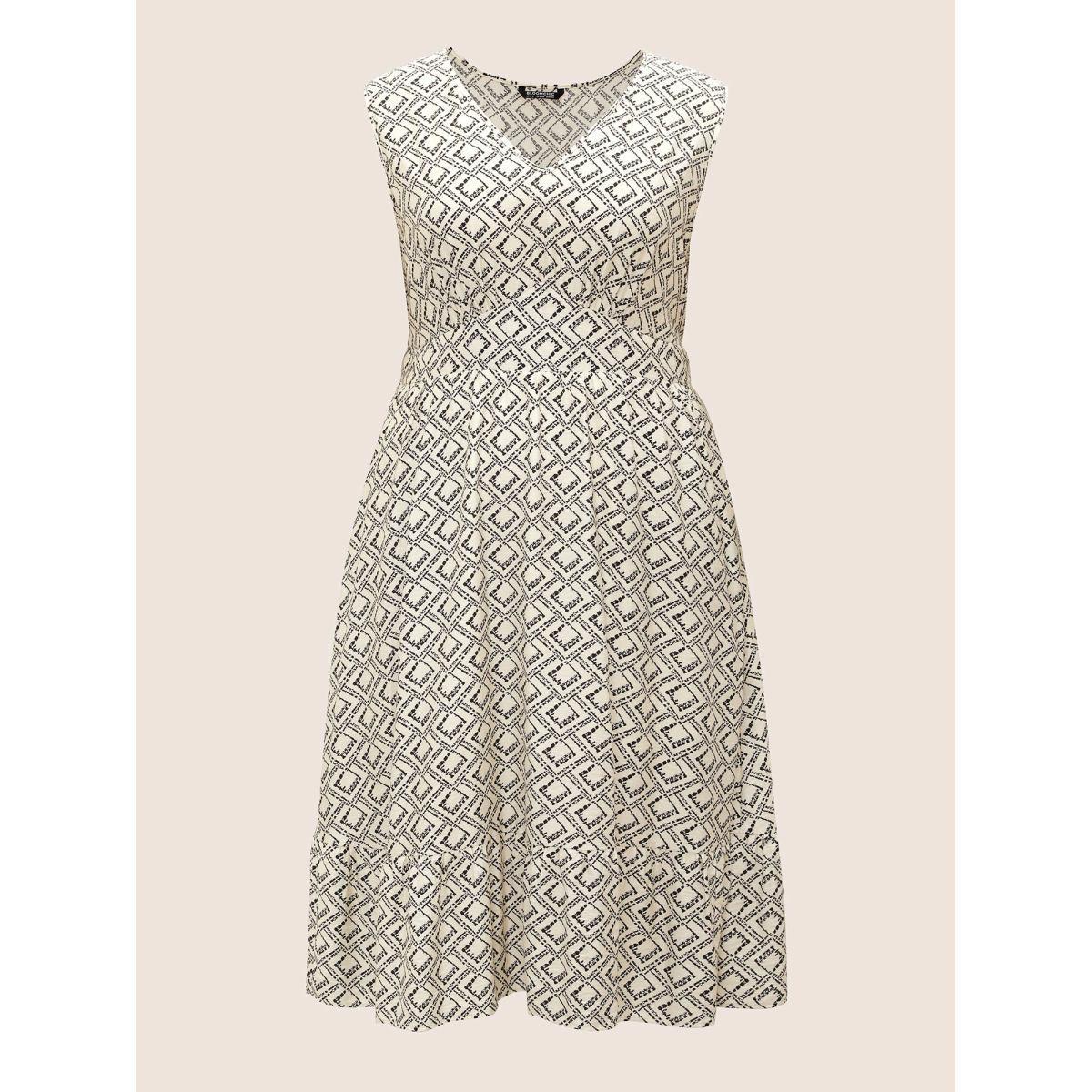 Plus Size Geometric Pocket Patchwork Flutter Hem Tank Dress Apricot Women At the Office Non V-neck Sleeveless Curvy Midi Dress BloomChic 22-24/3X Product Image