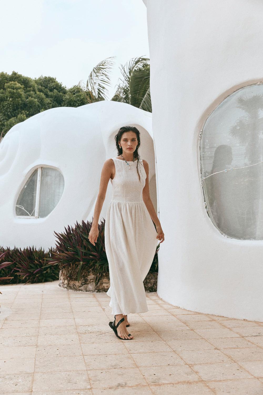 Kara Linen Midi Dress White Product Image