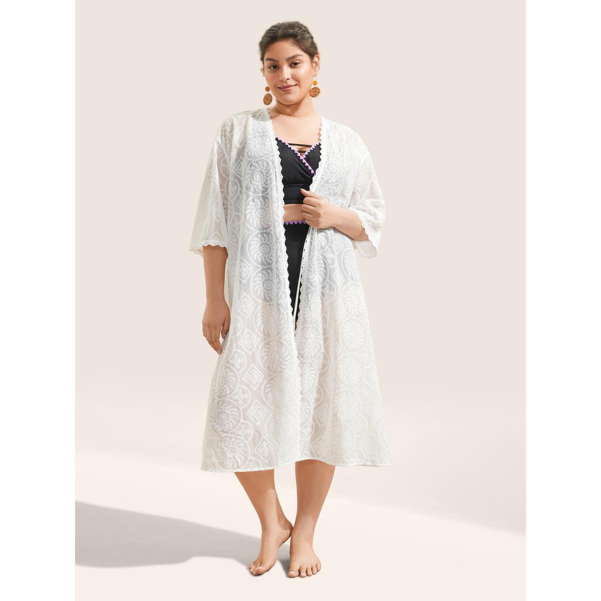 Plus Size Mesh Embroidered Lace Patchwork Ties Kimono Women White Resort Non Vacation Kimonos BloomChic 22-24/3X Product Image