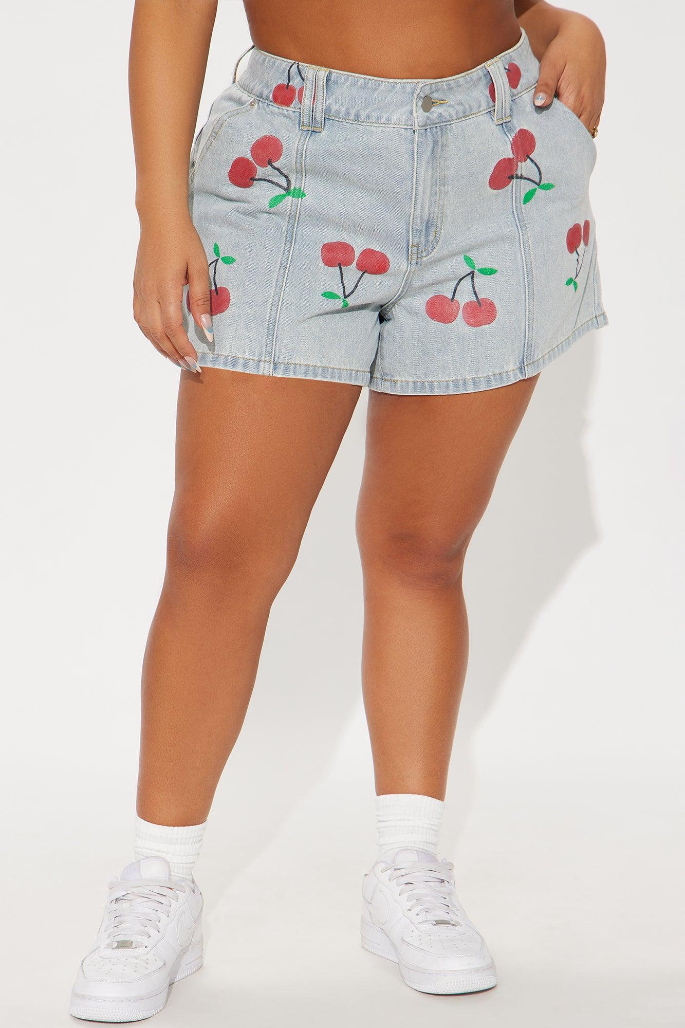 Cherry On Top Printed Denim Shorts - Light Wash Product Image
