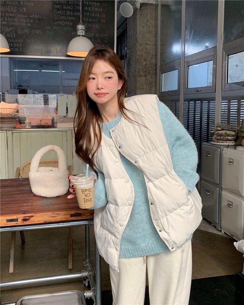 Round Neck Plain Button-Up Puffer Vest / Sweater Product Image