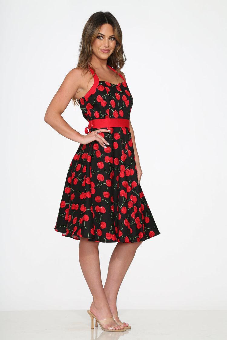 Black & Red Cherry Halter Dress Product Image
