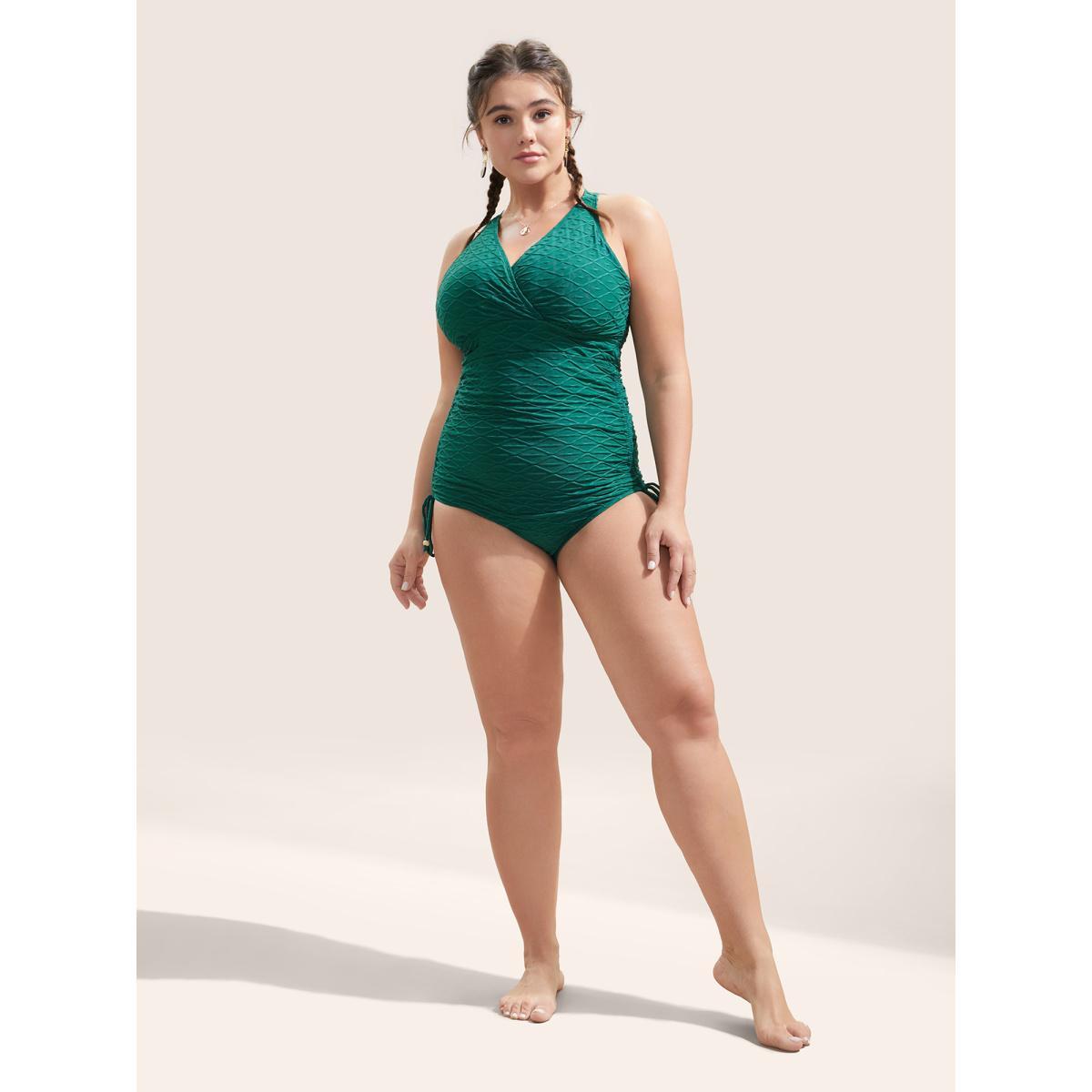 Plus Size Geo Plisse Drawstring Side One Piece Swimsuit Women's Swimwear Emerald Beach Non Curve Bathing Suits High stretch One Pieces BloomChic 30/6X Product Image