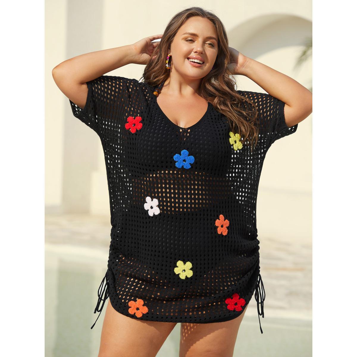 Plus Size Crochet Flowers Side Drawstrings Swim Cover-Up Women's Swimwear Black Beach Loose Texture Curve Swim Cover Ups BloomChic 28/5X Product Image