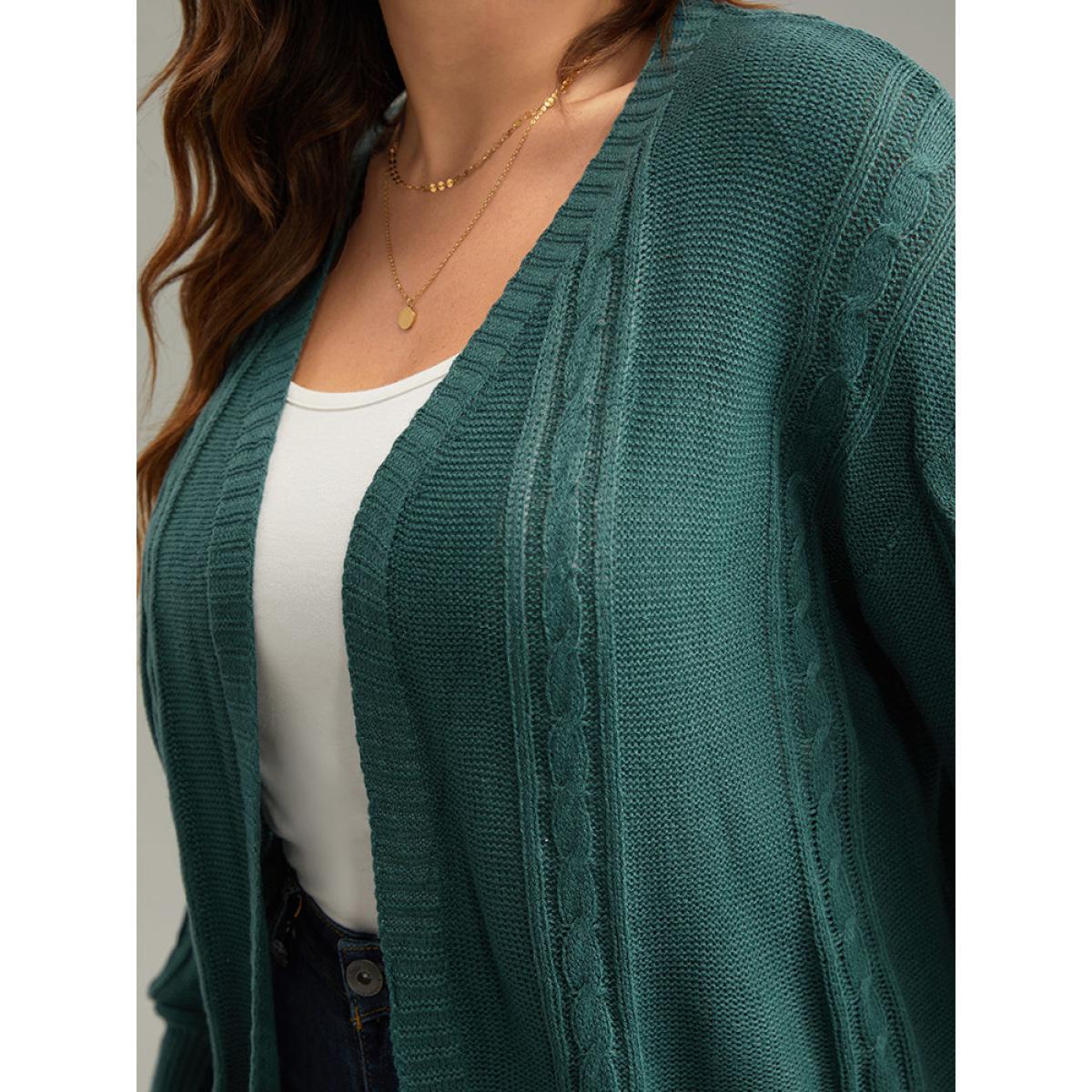Plus Size Floral Embroidered Cable Knit Lantern Sleeve Cardigan DarkGreen Women Casual Loose Long Sleeve Dailywear Cardigans BloomChic 28/5X Product Image