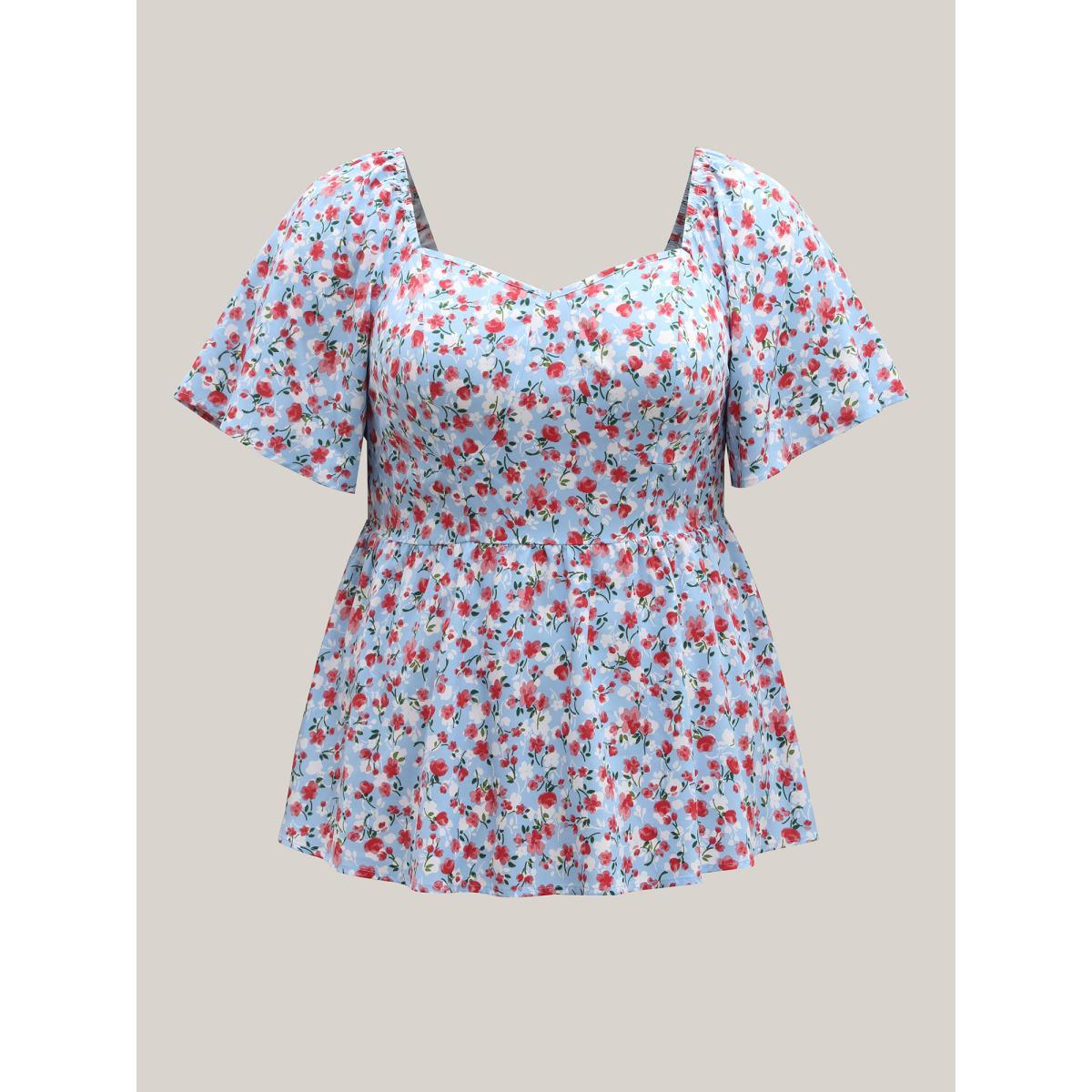 Plus Size LightBlue Floral Print Sweetheart Cinched-Waist Blouse Women Short sleeve Heart neckline Everyday-Elegant Blouses BloomChic 26/4X Product Image