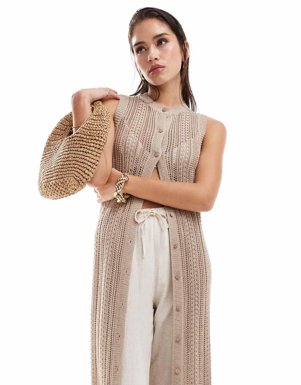 Pretty Lavish crochet maxi cardigan in beige Product Image