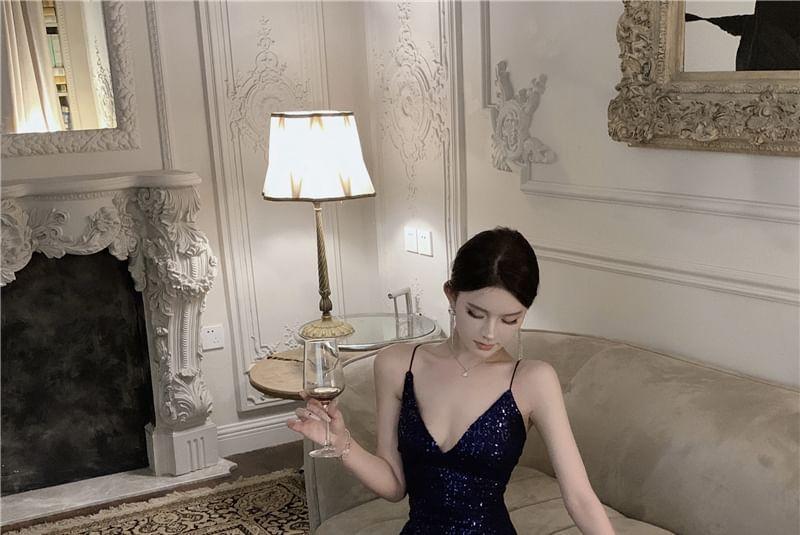Spaghetti Strap V-Neck Glitter Maxi A-Line Dress Product Image