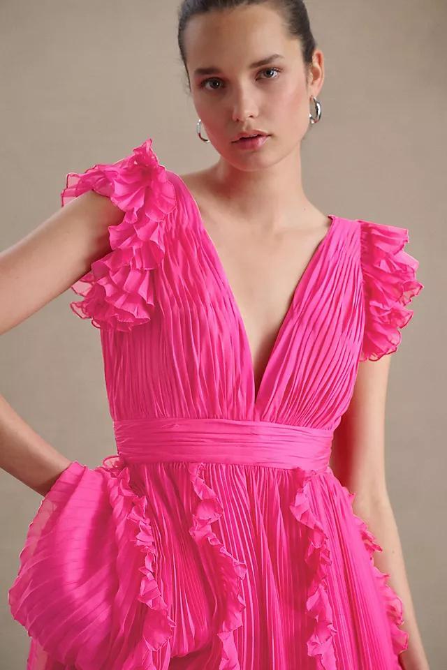 Mac Duggal Pleated Flutter-Sleeve Deep-V Empire-Waist Gown Product Image