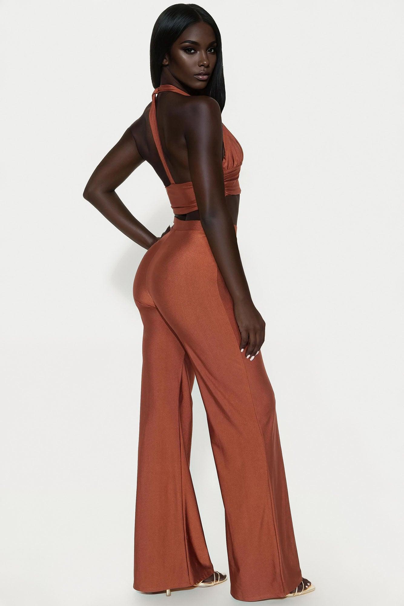 Sasha One Shoulder Wide Leg Pant Set - Brown Product Image