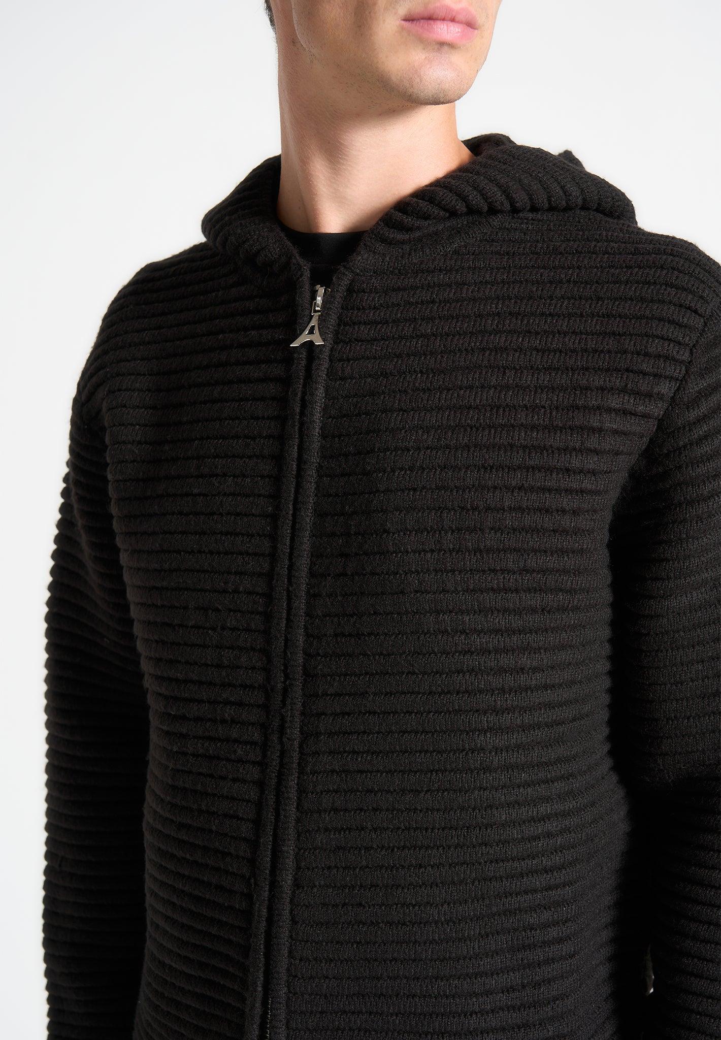 Ribbed Knit Zip Up Hoodie - Black Male Product Image