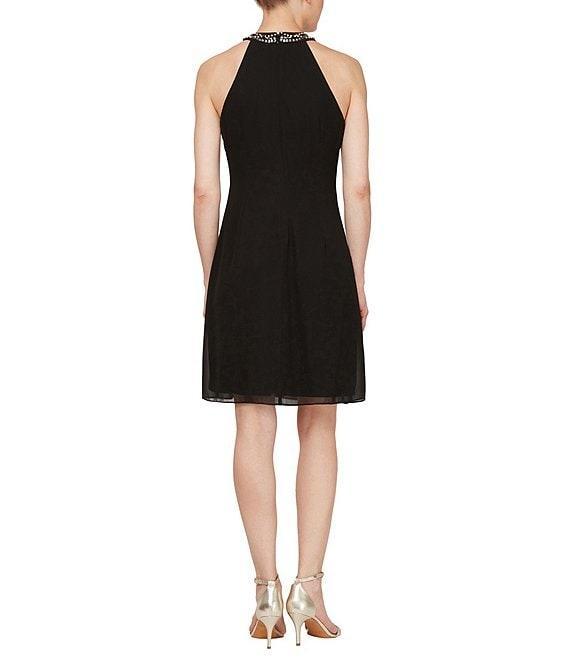 Ignite Evenings Petite Size Beaded Halter Neck Sleeveless Cascade Front Ruffle Chiffon Dress Product Image