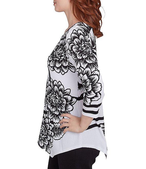 Ruby Rd. Floral Stripe Embellished Scoop Neck 3/4 Sleeve Asymmetrical Hem Top Product Image