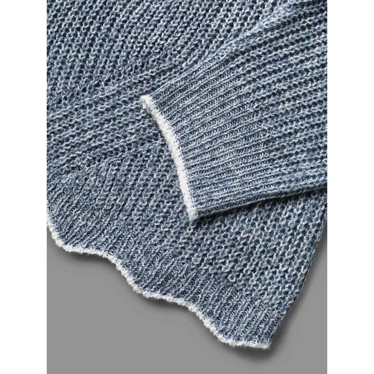 Plus Size Plain Textured Contrast Trim Cable Knit Pullover LightBlue Women Casual Loose Long Sleeve V-neck Everyday Pullovers BloomChic 28/5X Product Image