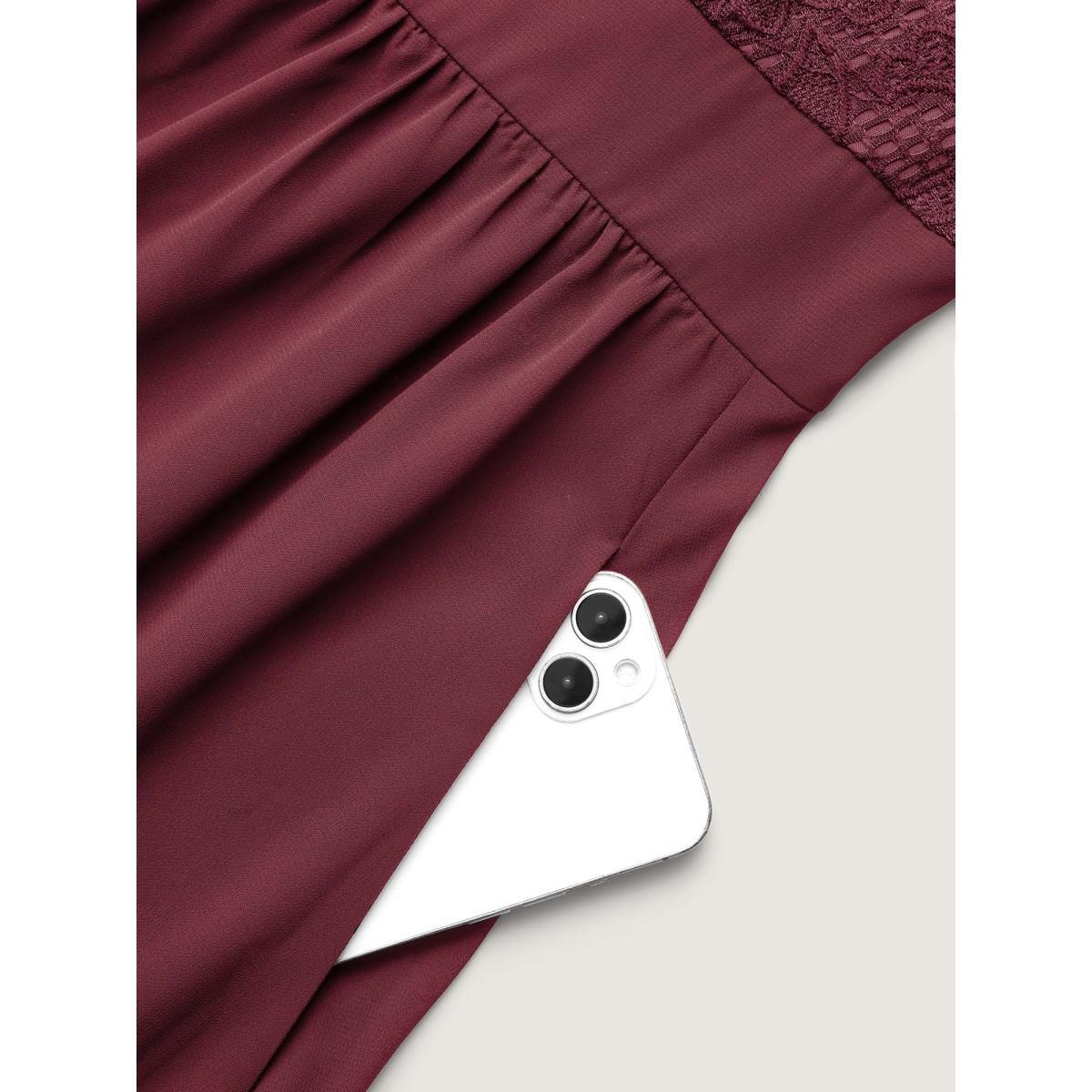 Plus Size Lace Patchwork Shirred Midi Pocket Dress Burgundy Women Cocktail Woven ribbon&lace trim Round Neck Elbow-length sleeve Curvy BloomChic 28/5X Product Image