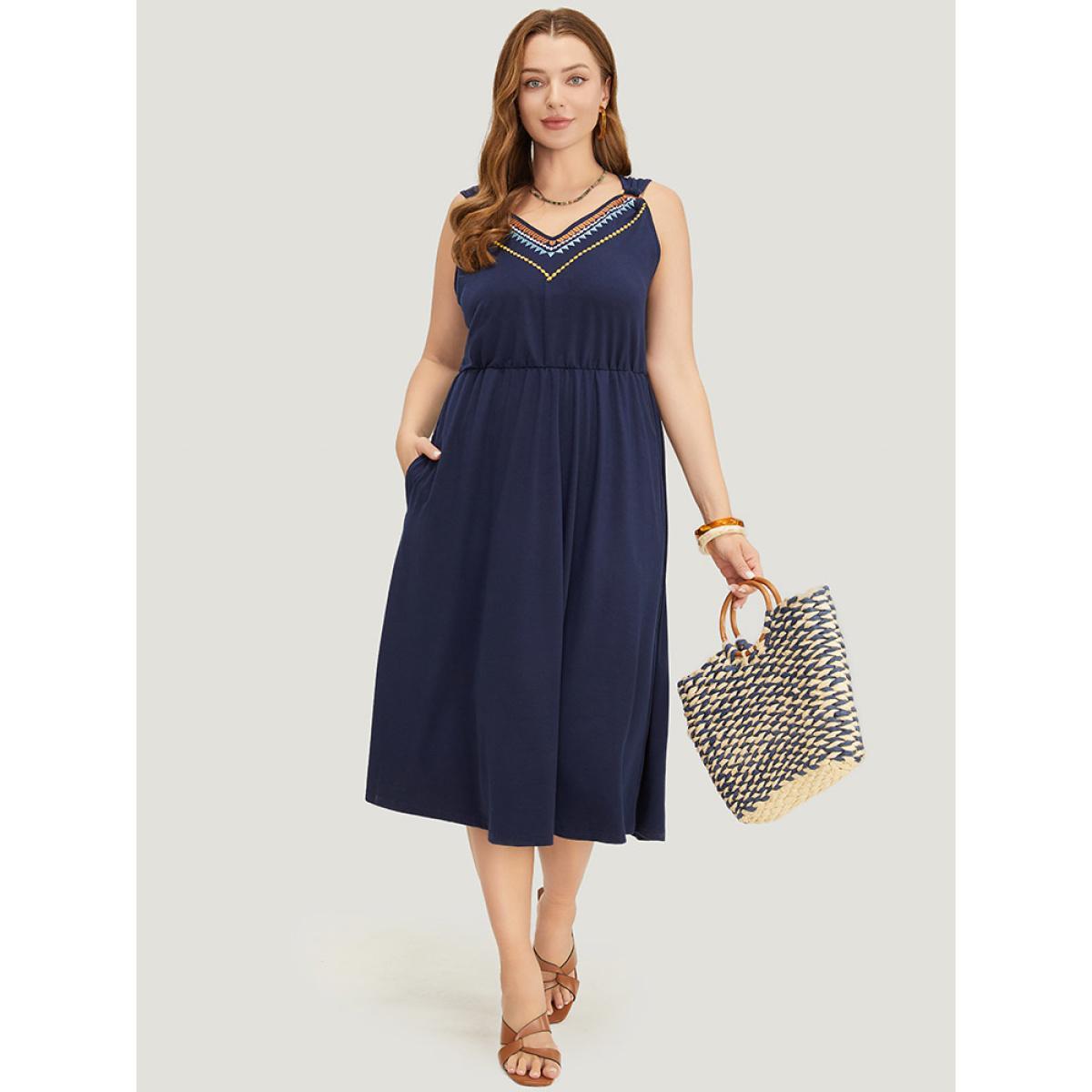 Plus Size Geometric Embroidered Buckle Detail Pocket Ruffle Hem Cami Dress Indigo Women Vacation Embroidered V-neck Sleeveless Curvy Midi Dress BloomChic 10/M Product Image