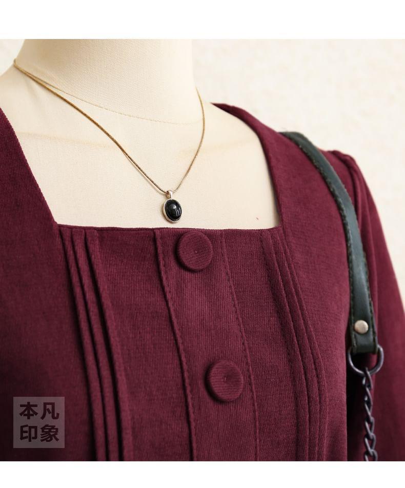 Long Sleeve Square Neck Plain Tie-Waist Midi A-Line Dress Product Image