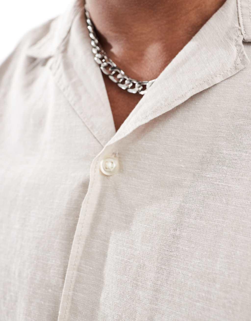 Jack & Jones linen shirt with revere collar in beige Product Image