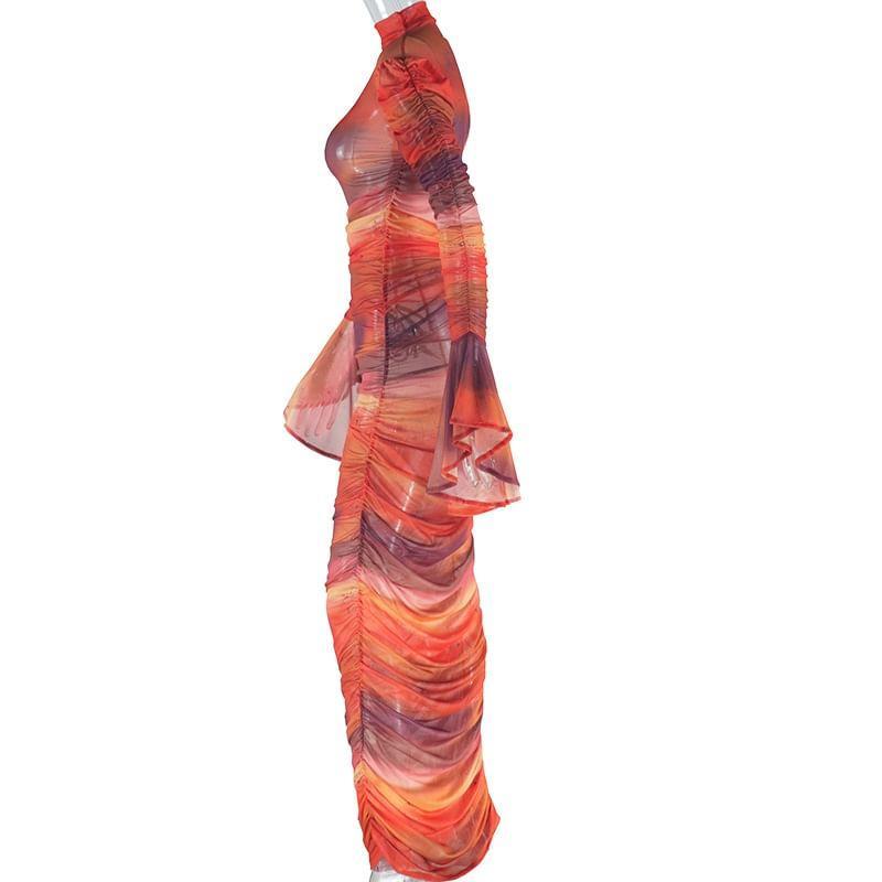 Flared-Sleeve Mock Neck Tie Dye Maxi Sheath Dress Product Image