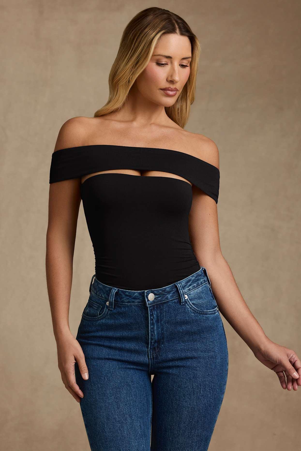 Modal Cut-Out Off-Shoulder Bodysuit in Black Product Image
