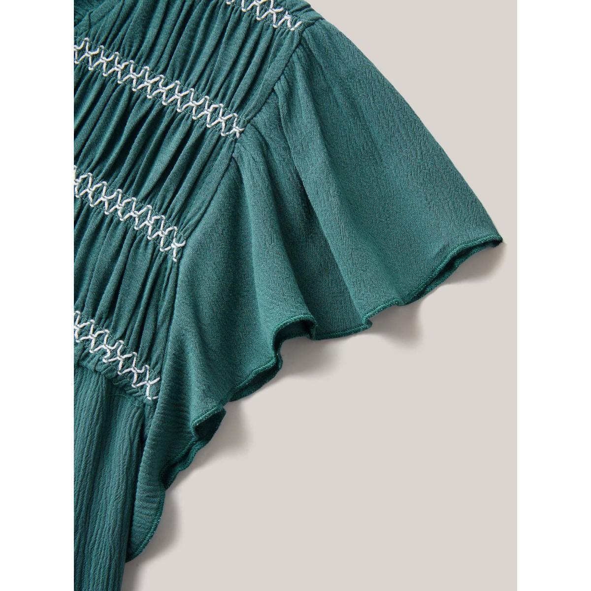 Plus Size Teal Rayon Shirred Neck Flutter Sleeve Tiered Blouse Women Cap Sleeve Round Neck Vacation Blouses BloomChic 22-24/3X Product Image