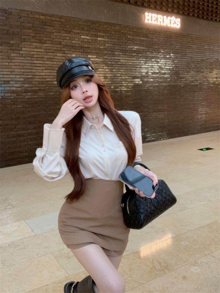 Overfit Plain Blouse / High-Waist Skort Product Image