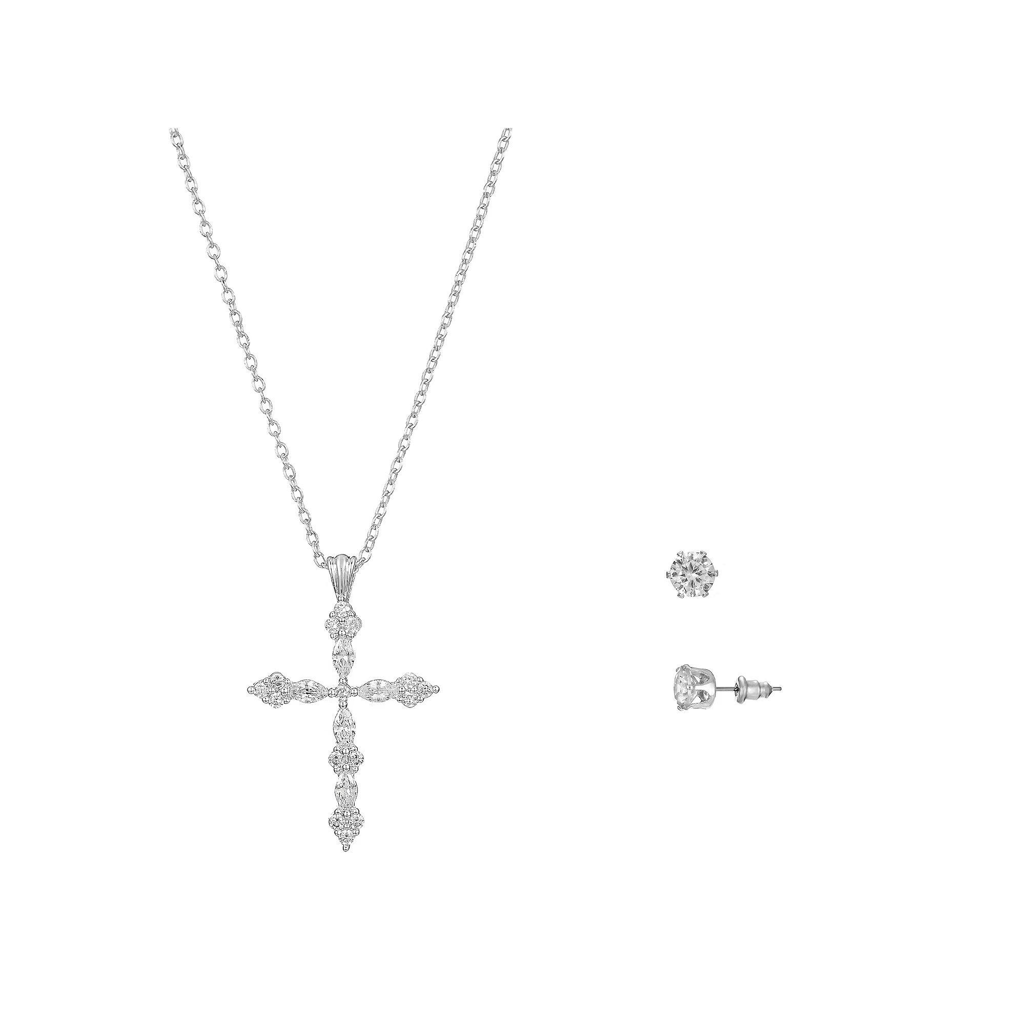 Primavera Silver Plated Cubic Zirconia Fancy Cross Pendant & Earring Set, Womens Silver Tone Product Image
