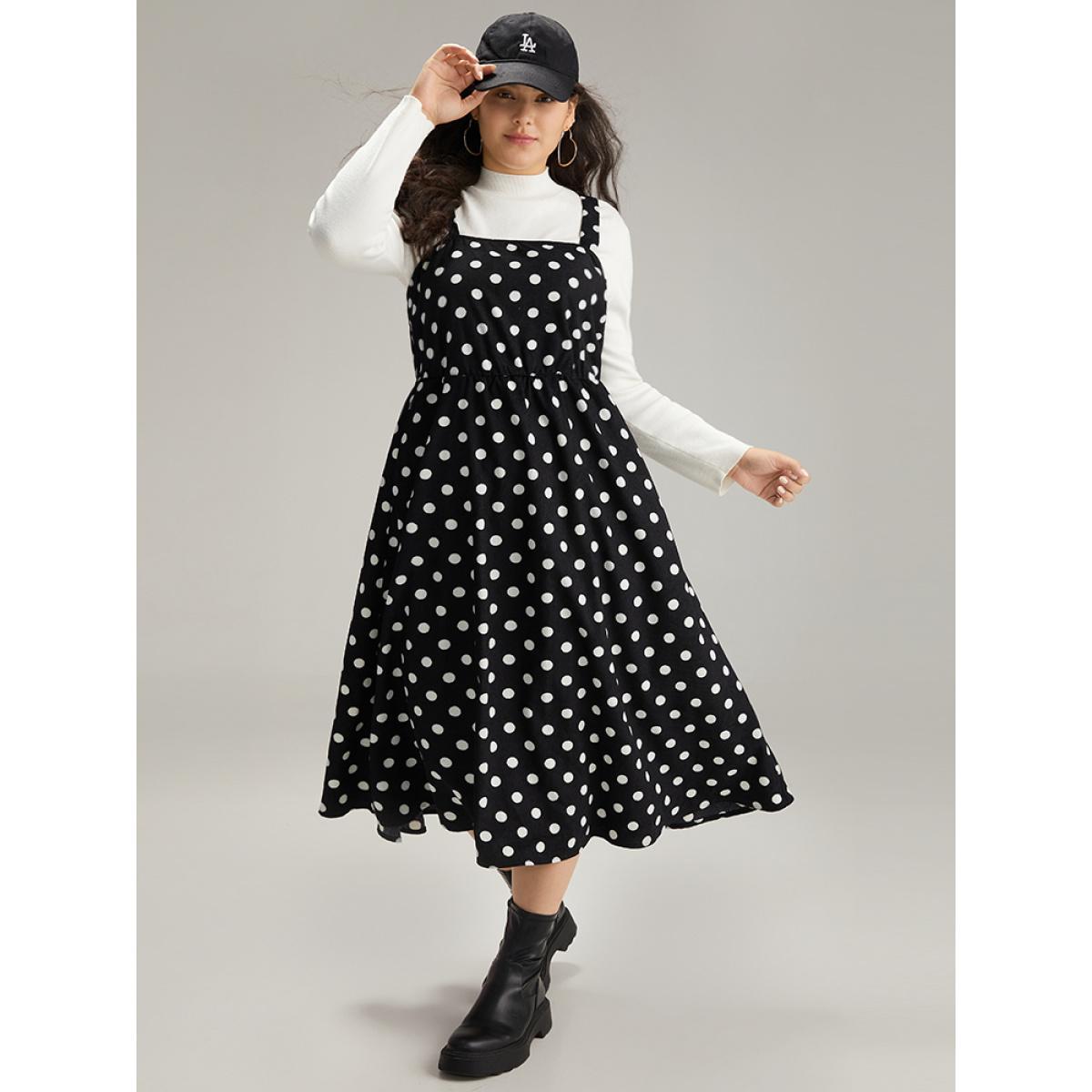 Plus Size Polka Dot Pocket Cami Dress Black Women Elegant Adjustable Straps Spaghetti Strap Sleeveless Curvy Midi Dress BloomChic 10/M Product Image