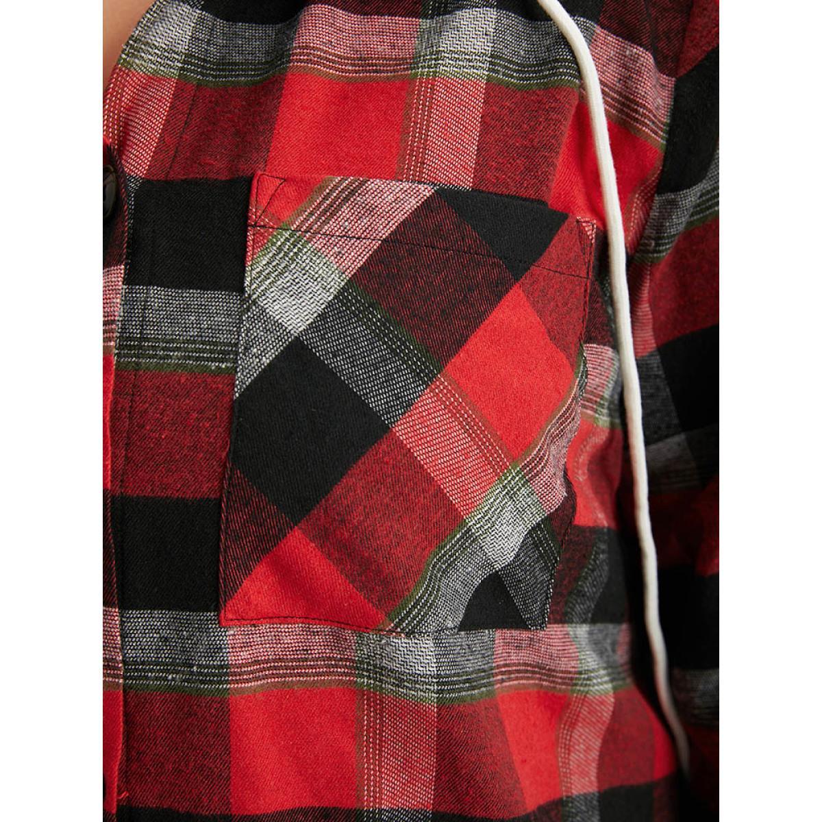 Plus Size Plaid Patchwork Hooded Drawstring Button Through Jacket Women Red Dailywear Jackets BloomChic 14-16/1X Product Image