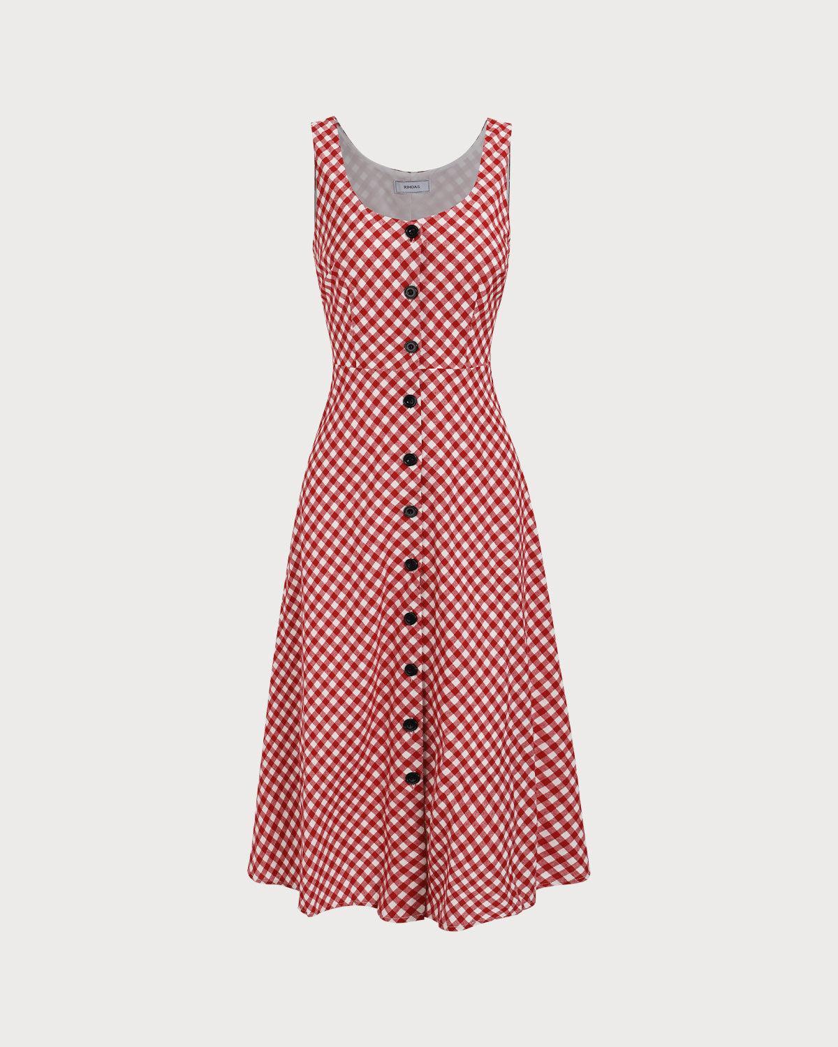Women's Red U-Neck Plaid Midi Dress Female Product Image