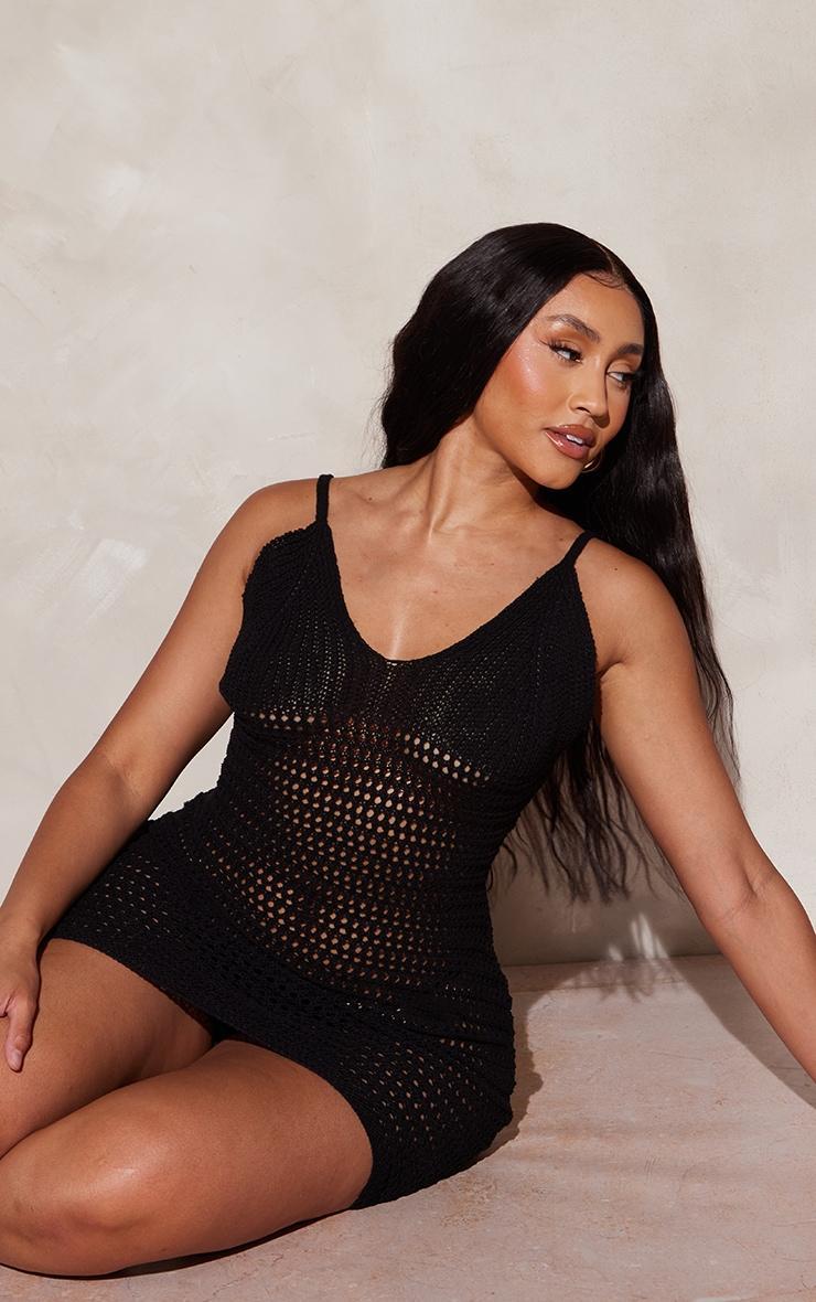 Shape Black Crochet Knit Strappy Mini Dress Product Image