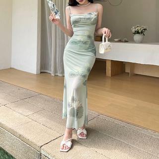 Spaghetti Strap Cowl Neck Flower Maxi Sheath Dress Product Image
