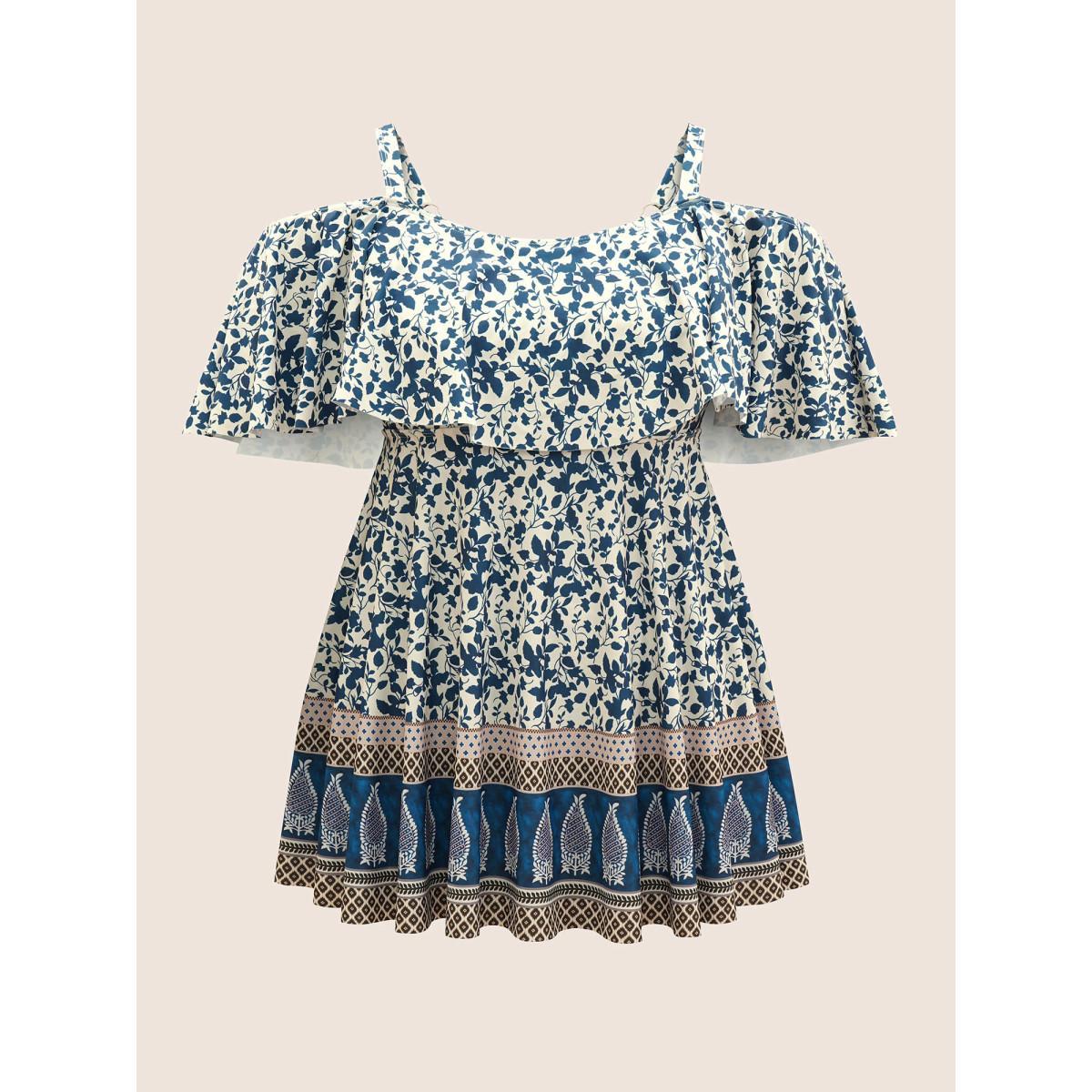 Plus Size Bandana Print Cold Shoulder Swim Dress Women's Swimwear Indigo Beach Bodycon One-shoulder neck High stretch Curve Swim Dresses BloomChic 28/5X Product Image